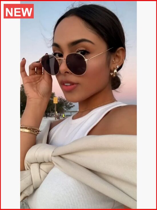 Gold Frame Black Lens Round Polarized Sunglasses with UV Protection